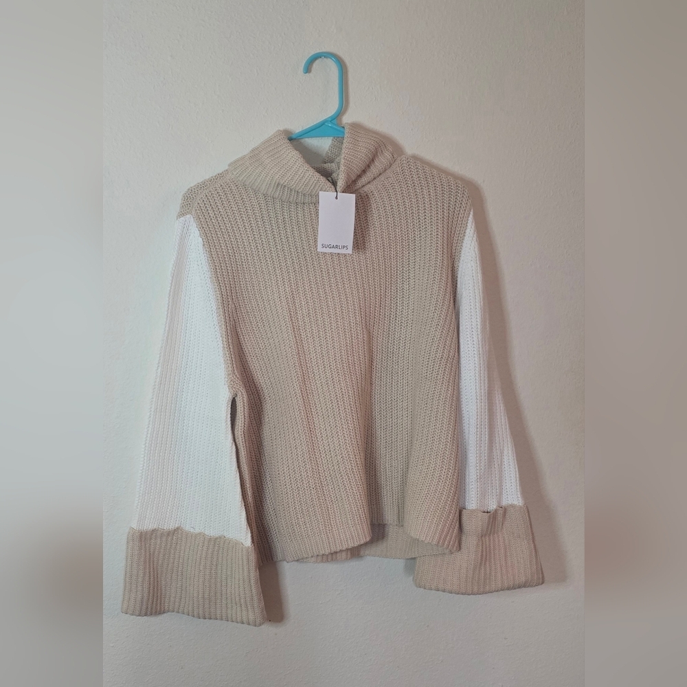 Sugarlips Colorblock Funnel Neck Knit Cozy Fall Sweater Beige Cream  New XS